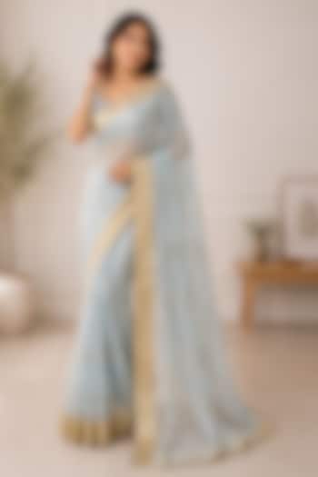 Mist Blue Organza Floral Embroidered Festive Saree by House Of Jamoti at Pernia's Pop Up Shop