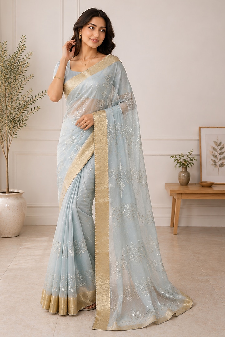 Mist Blue Organza Floral Embroidered Festive Saree by House Of Jamoti at Pernia's Pop Up Shop