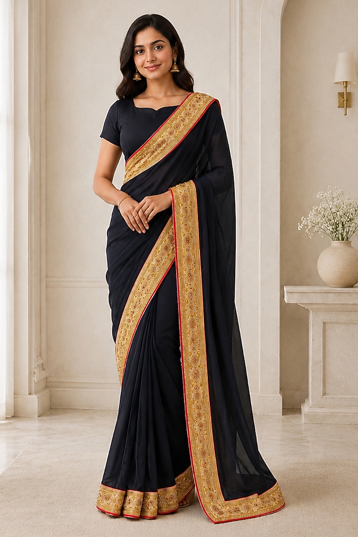 Black Georgette Embroidered Festive Saree by House Of Jamoti at Pernia's Pop Up Shop