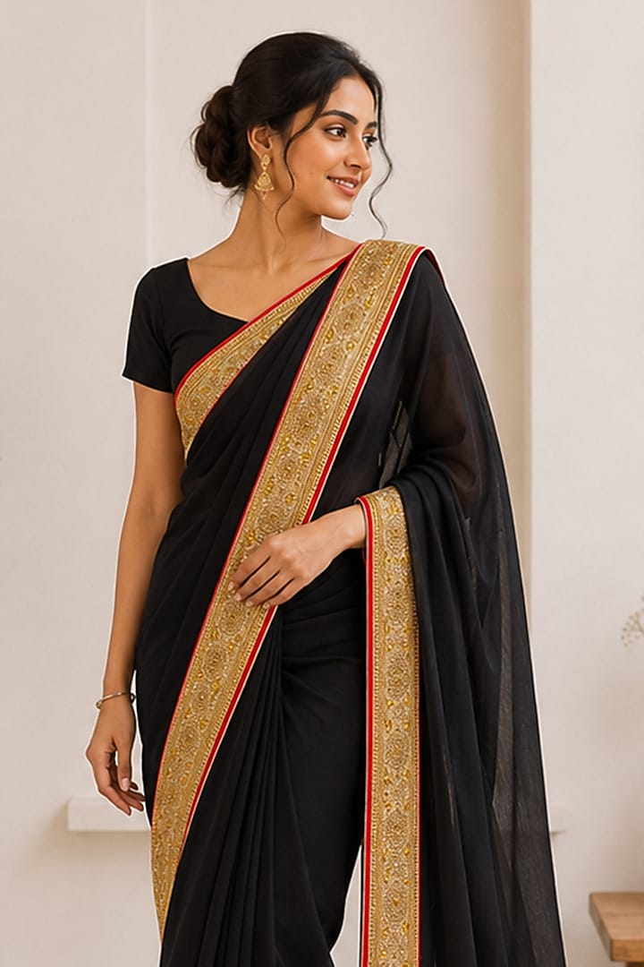 Black Georgette Embroidered Festive Saree by House Of Jamoti at Pernia's Pop Up Shop