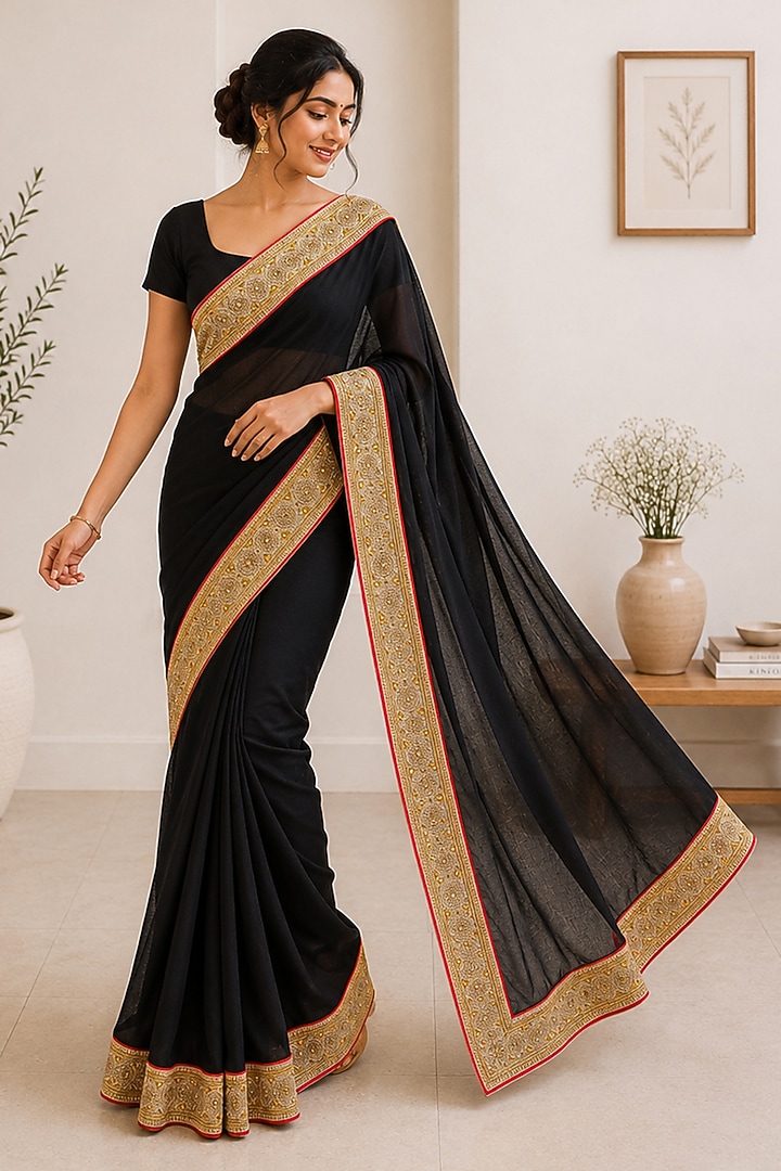 Black Georgette Embroidered Festive Saree by House Of Jamoti at Pernia's Pop Up Shop