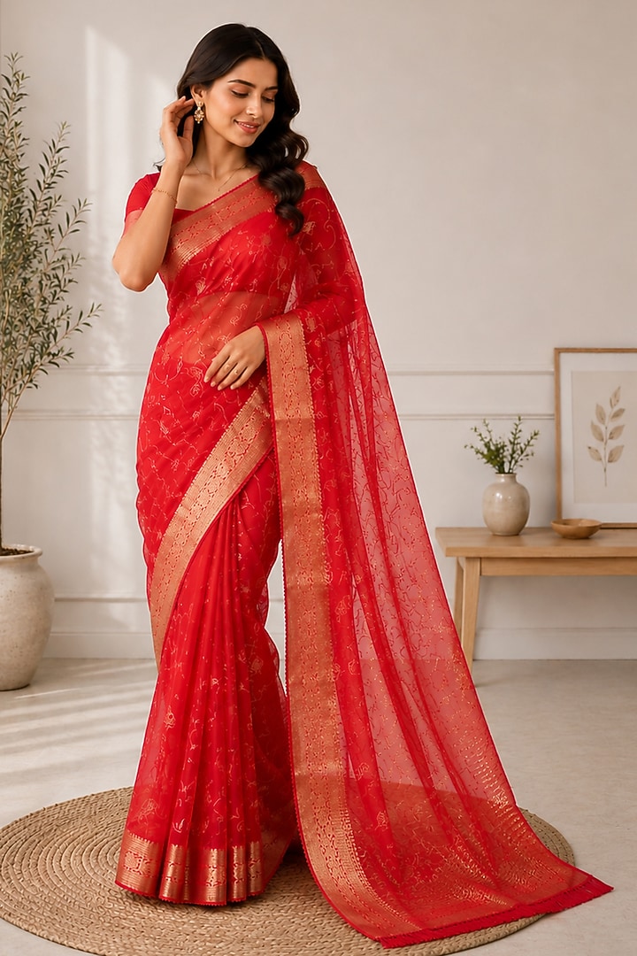 Red Organza Zari Woven Festive Saree by House Of Jamoti at Pernia's Pop Up Shop
