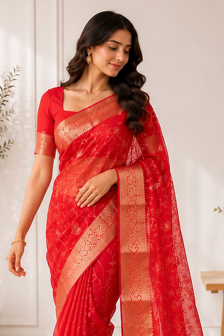 Red Organza Zari Woven Festive Saree by House Of Jamoti at Pernia's Pop Up Shop