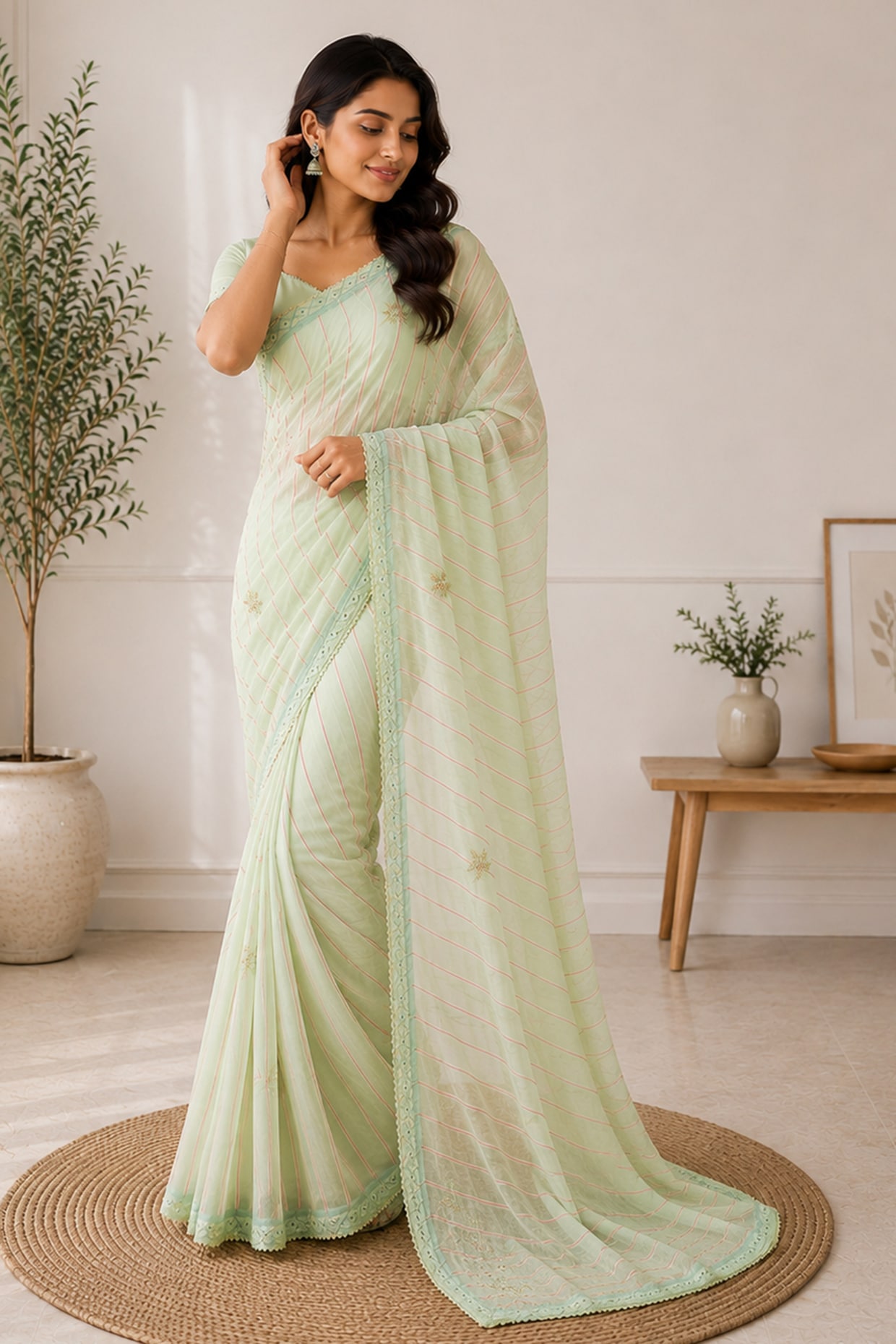 House Of Jamoti Sage Green Upada Silk Lace Embroidered Striped Saree