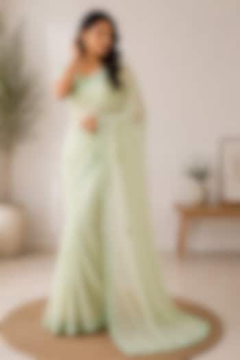 Sage Green Upada Silk Lace Embroidered Striped Festive Saree by House Of Jamoti at Pernia's Pop Up Shop
