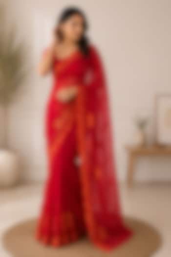 Ruby Red Organza Embellished Festive Saree by House Of Jamoti at Pernia's Pop Up Shop
