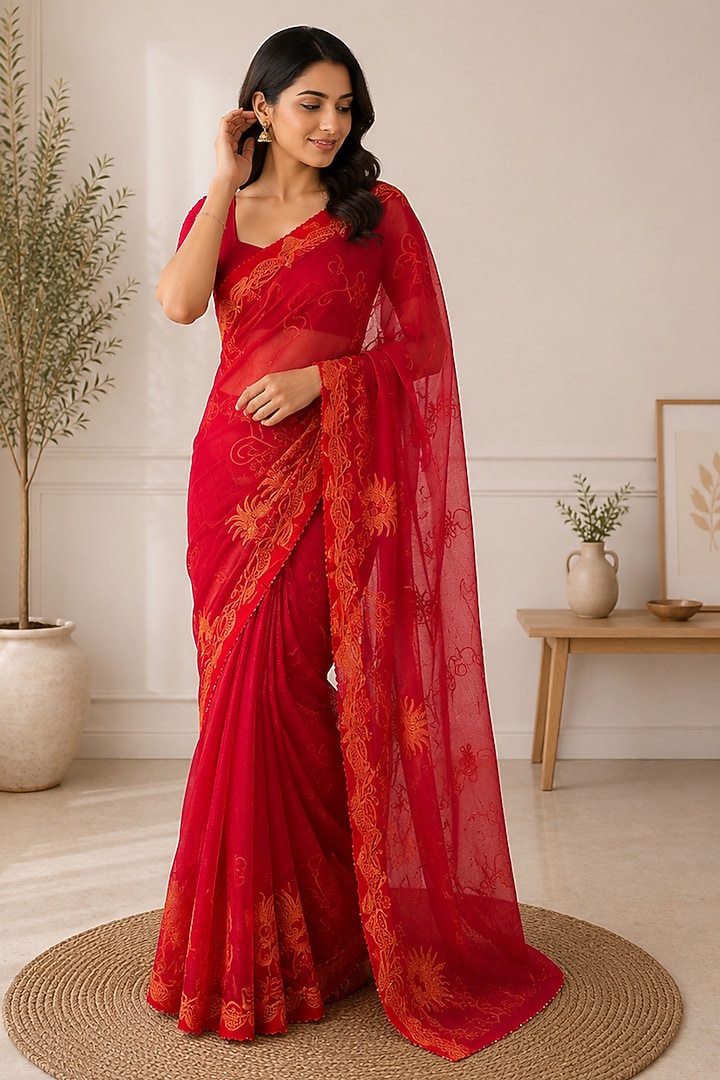 Ruby Red Organza Embellished Festive Saree by House Of Jamoti at Pernia's Pop Up Shop