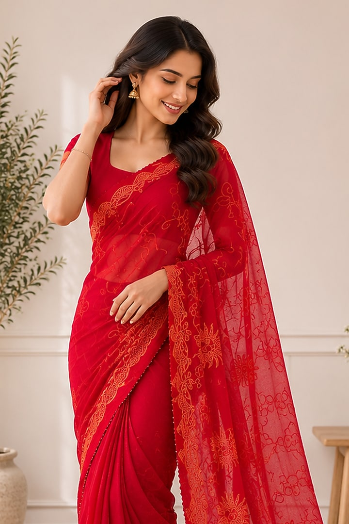 Ruby Red Organza Embellished Festive Saree by House Of Jamoti at Pernia's Pop Up Shop