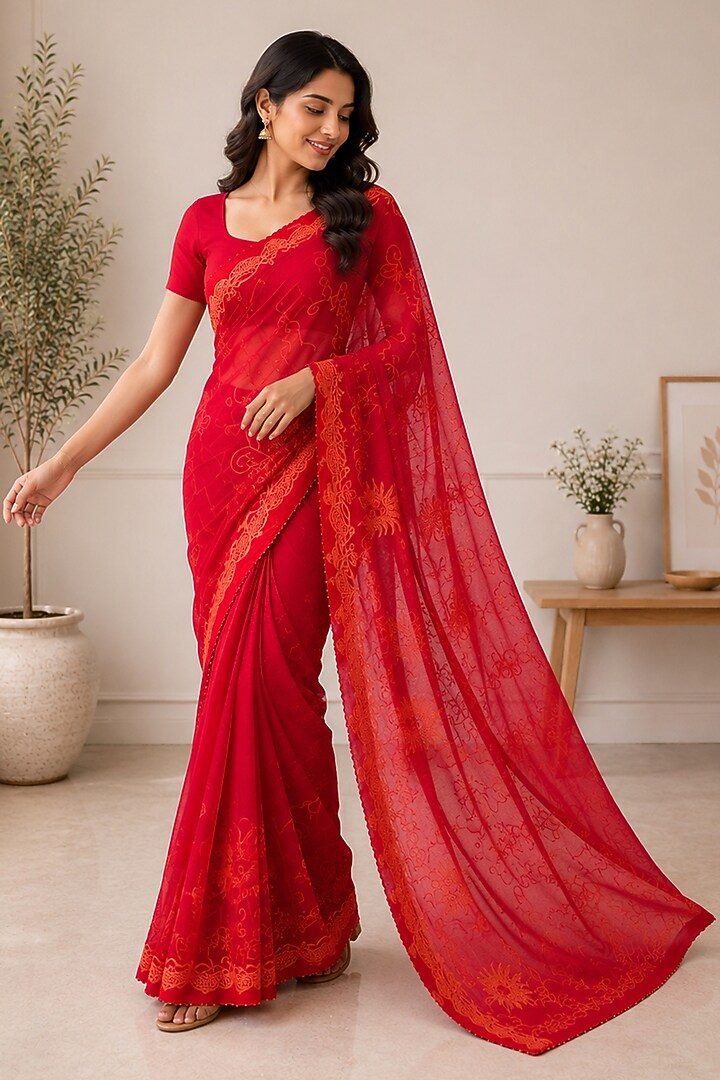 Ruby Red Organza Embellished Festive Saree by House Of Jamoti at Pernia's Pop Up Shop