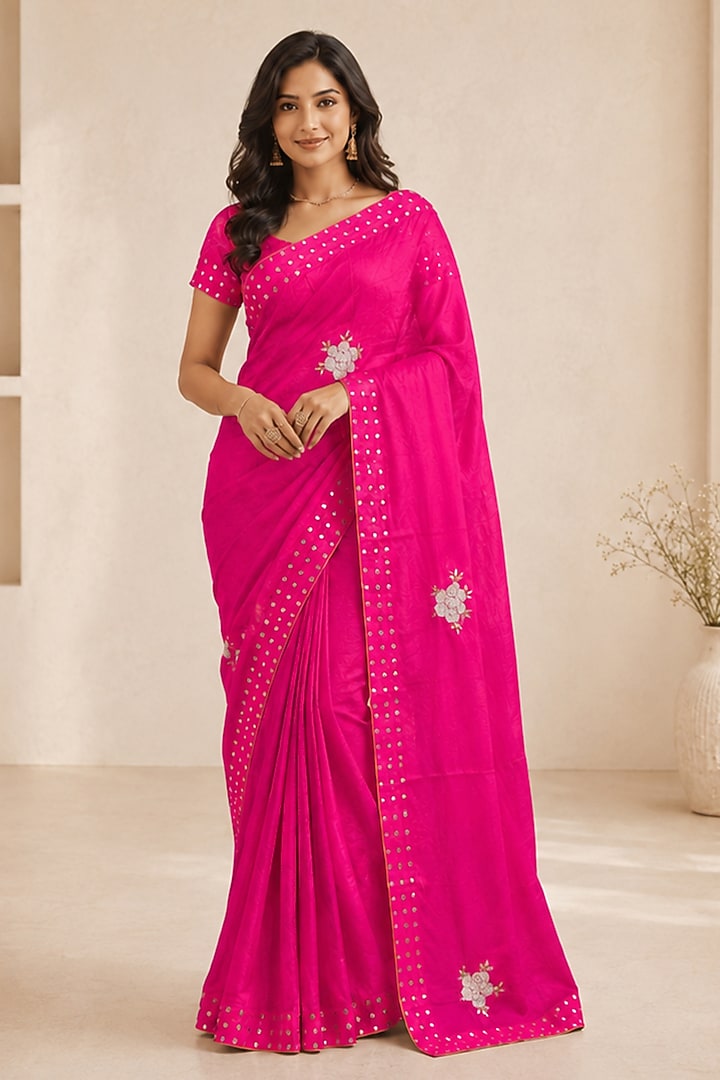 Pink Upada Silk Floral Embroidered Festive Saree by House Of Jamoti at Pernia's Pop Up Shop