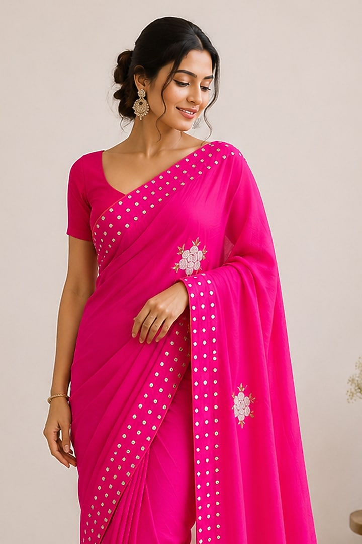 Pink Upada Silk Floral Embroidered Festive Saree by House Of Jamoti at Pernia's Pop Up Shop