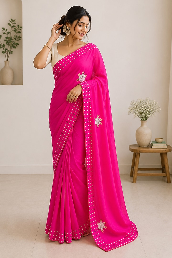 Pink Upada Silk Floral Embroidered Festive Saree by House Of Jamoti at Pernia's Pop Up Shop
