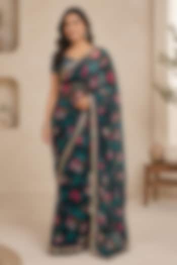 Midnight Blue Organza Floral Printed & Embellished Festive Saree by House Of Jamoti at Pernia's Pop Up Shop