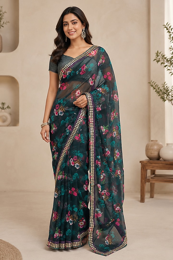 Midnight Blue Organza Floral Printed & Embellished Festive Saree by House Of Jamoti at Pernia's Pop Up Shop