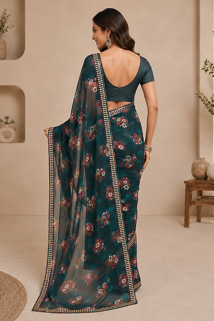 Midnight Blue Organza Floral Printed & Embellished Festive Saree by House Of Jamoti at Pernia's Pop Up Shop