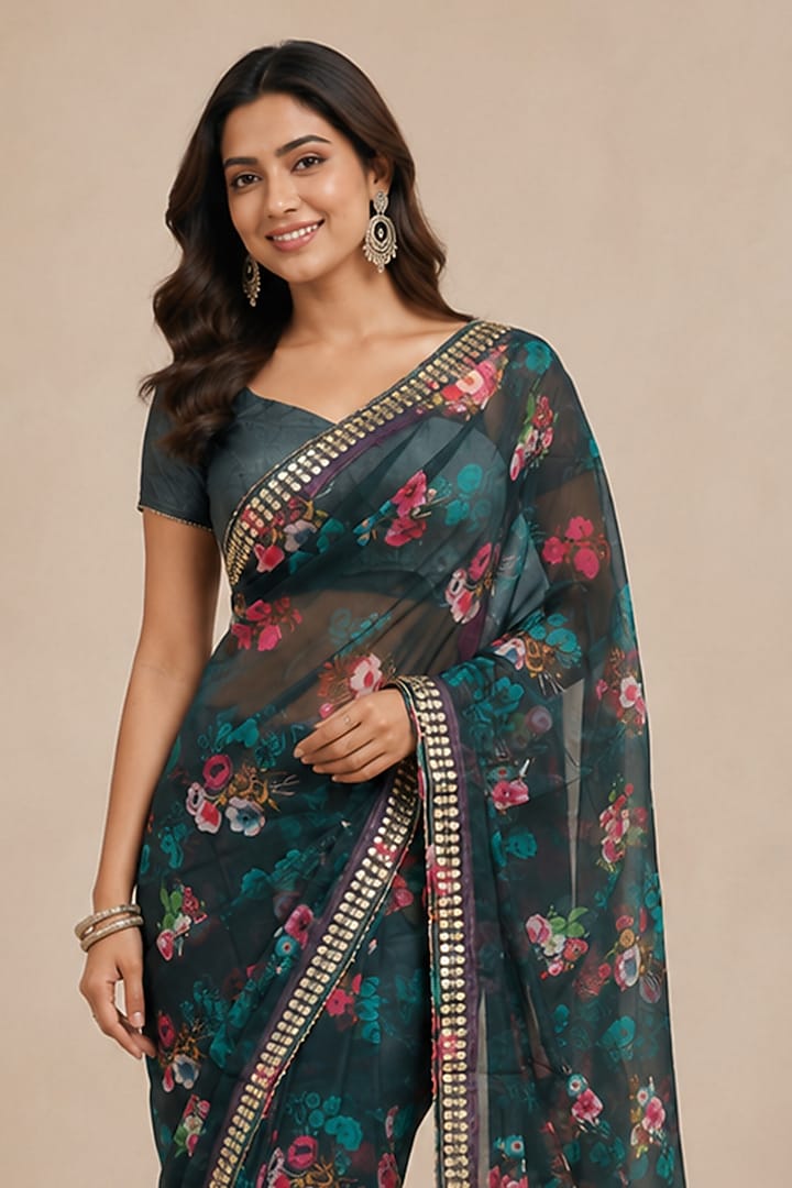 Midnight Blue Organza Floral Printed & Embellished Festive Saree by House Of Jamoti at Pernia's Pop Up Shop