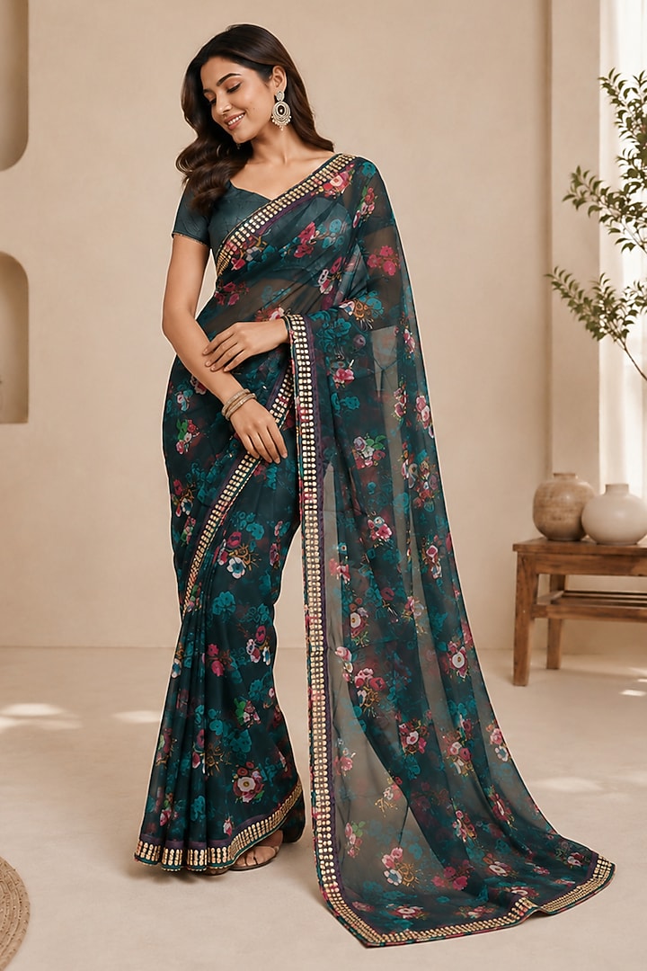 Midnight Blue Organza Floral Printed & Embellished Festive Saree by House Of Jamoti at Pernia's Pop Up Shop