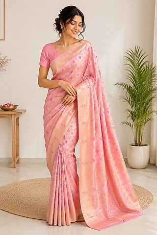 Pink Banarasi Zari Woven Saree by House Of Jamoti