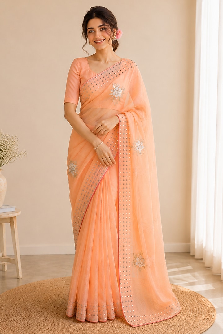 Peach Upada Silk Embellished Festive Saree by House Of Jamoti at Pernia's Pop Up Shop