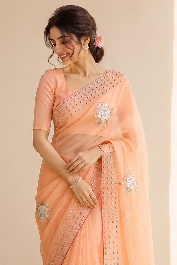 Peach Upada Silk Embellished Festive Saree by House Of Jamoti at Pernia's Pop Up Shop