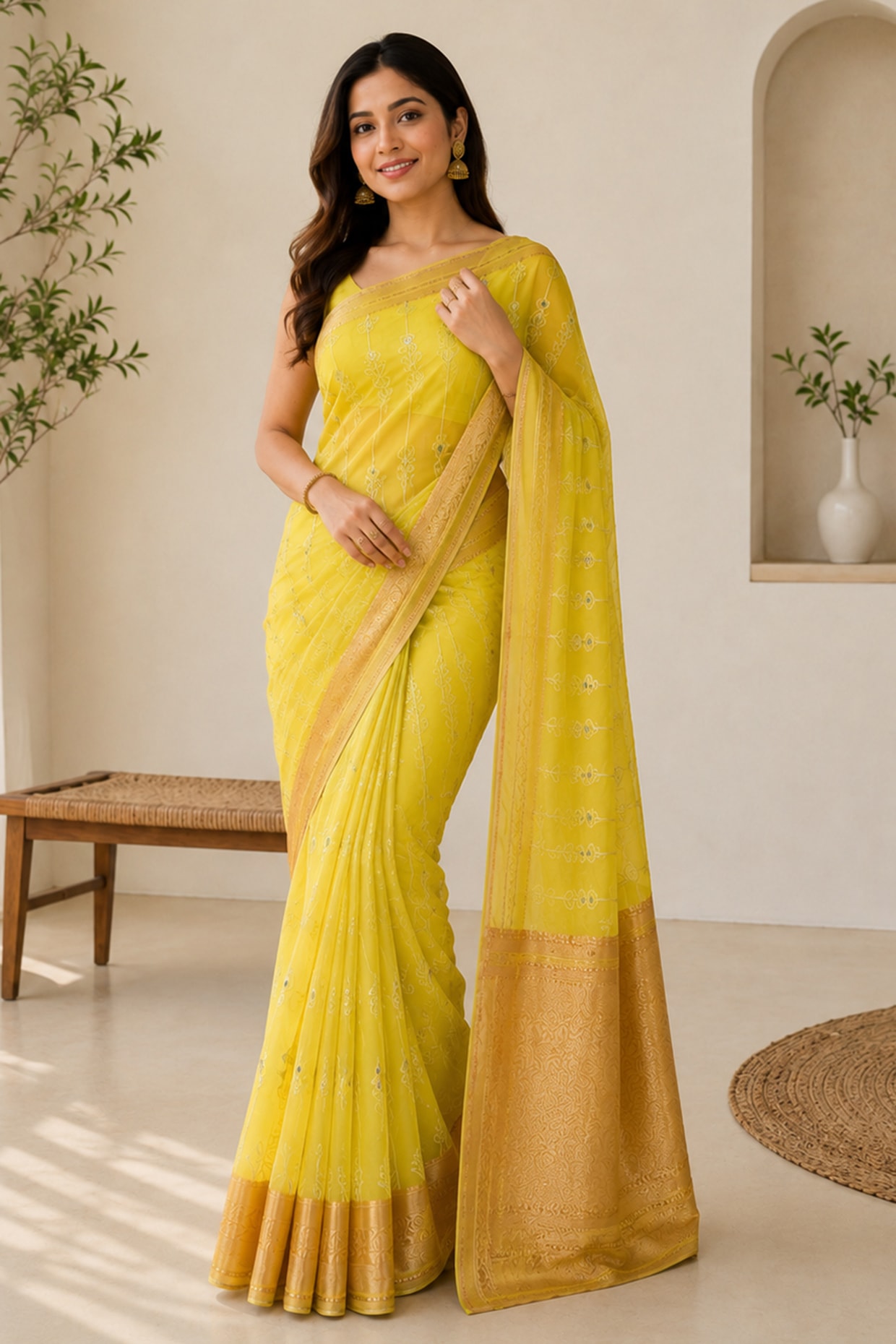 House Of Jamoti Mustard Yellow Georgette Zari Woven Saree