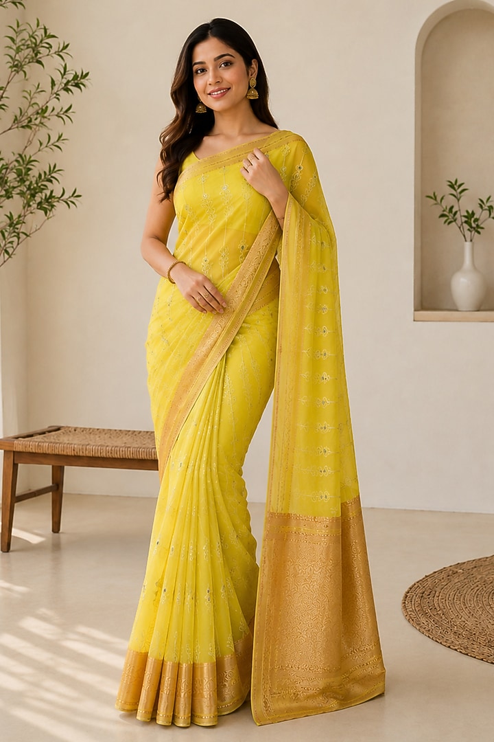 Mustard Yellow Georgette Zari Woven Festive Saree by House Of Jamoti at Pernia's Pop Up Shop
