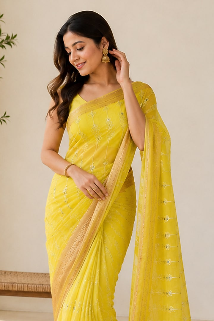 Mustard Yellow Georgette Zari Woven Festive Saree by House Of Jamoti at Pernia's Pop Up Shop