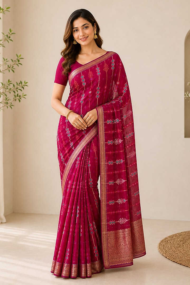 Pink Georgette Embroidered Festive Saree by House Of Jamoti at Pernia's Pop Up Shop