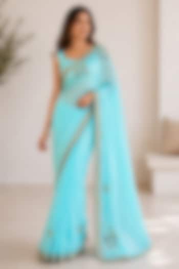 Sky Blue Organza Floral Embroidered Festive Saree by House Of Jamoti at Pernia's Pop Up Shop
