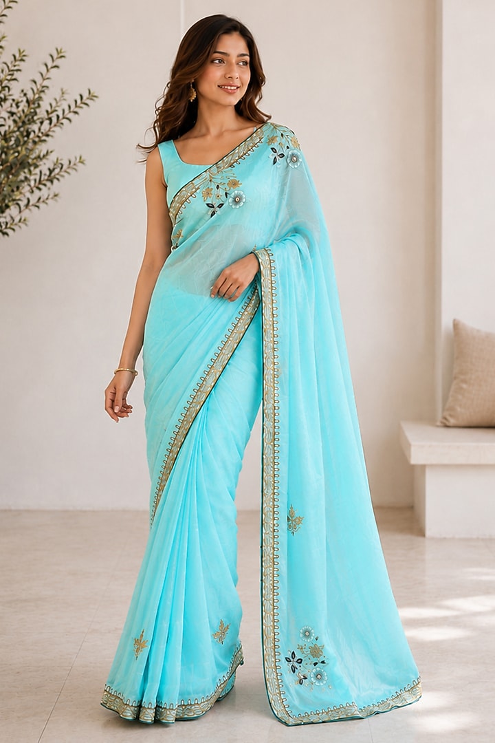 Sky Blue Organza Floral Embroidered Festive Saree by House Of Jamoti at Pernia's Pop Up Shop