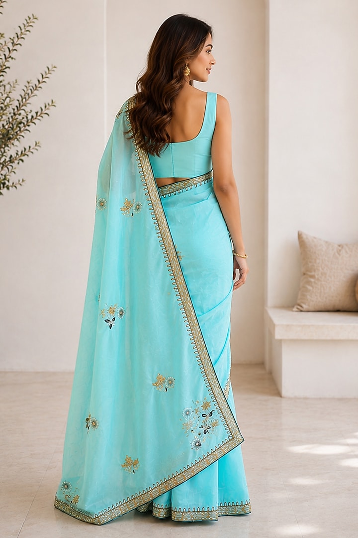 Sky Blue Organza Floral Embroidered Festive Saree by House Of Jamoti at Pernia's Pop Up Shop