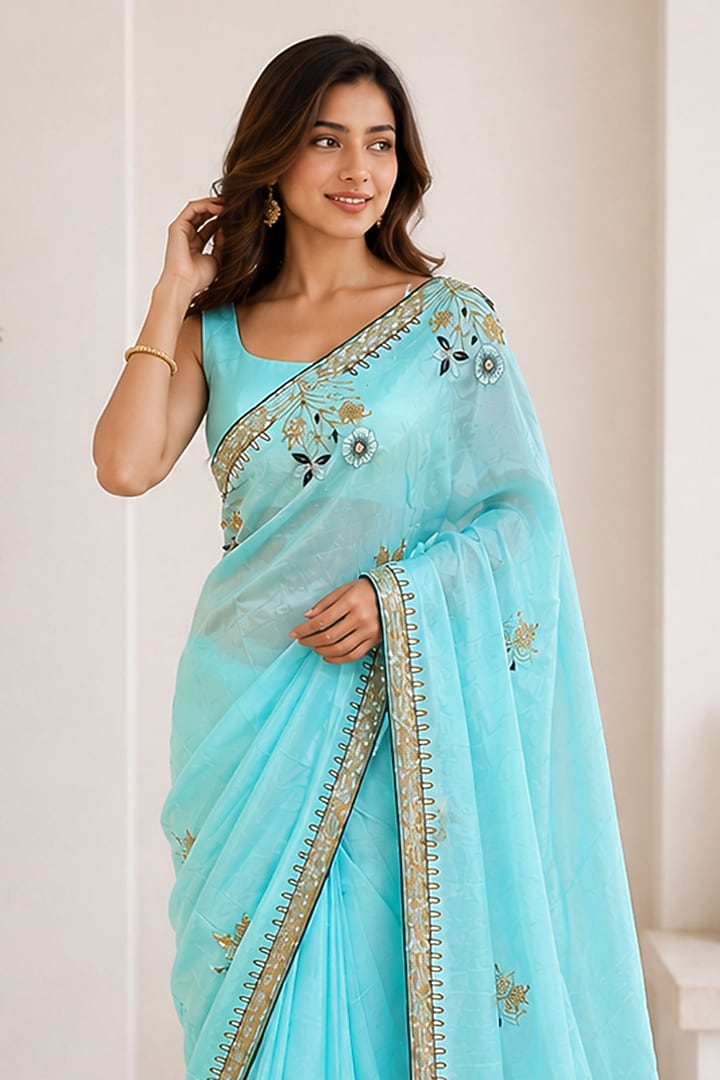Sky Blue Organza Floral Embroidered Festive Saree by House Of Jamoti at Pernia's Pop Up Shop