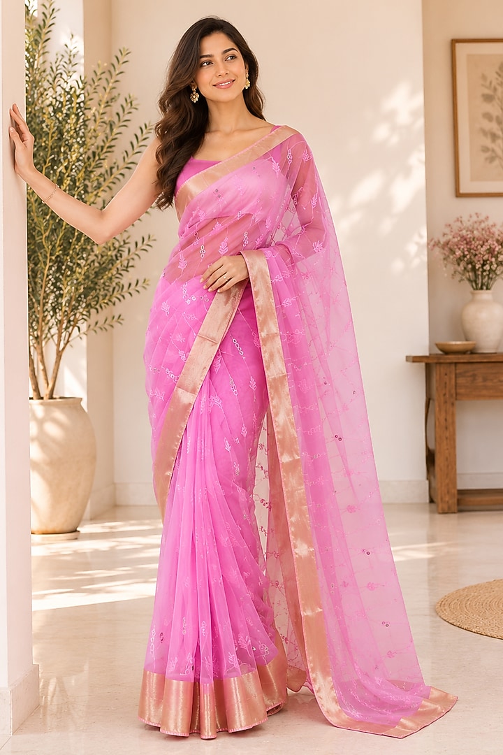Pink Georgette Zari Woven Festive Saree by House Of Jamoti at Pernia's Pop Up Shop