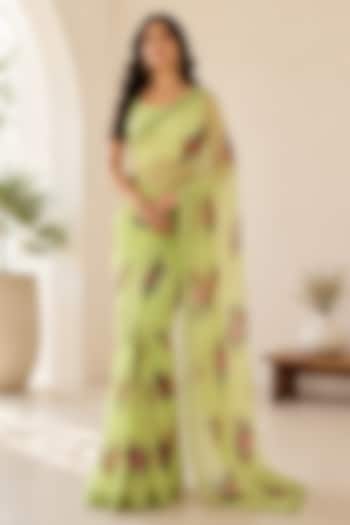 Green Organza Floral Printed Festive Saree by House Of Jamoti at Pernia's Pop Up Shop