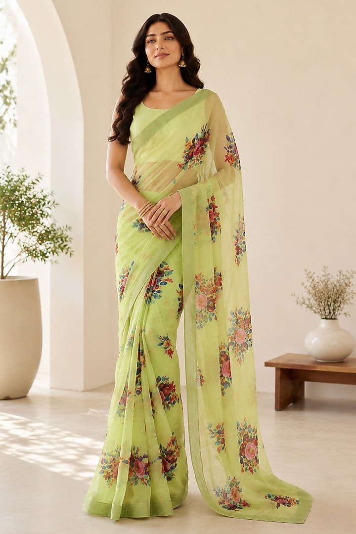 Green Organza Floral Printed Festive Saree by House Of Jamoti at Pernia's Pop Up Shop