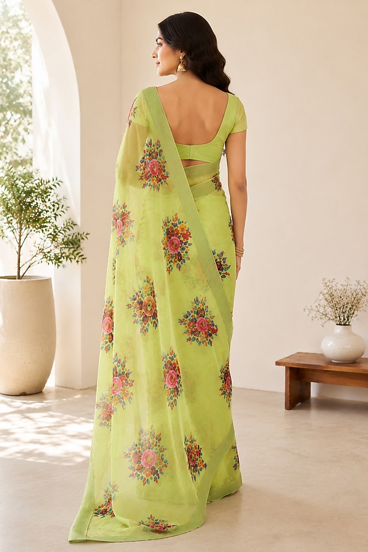 Green Organza Floral Printed Festive Saree by House Of Jamoti at Pernia's Pop Up Shop