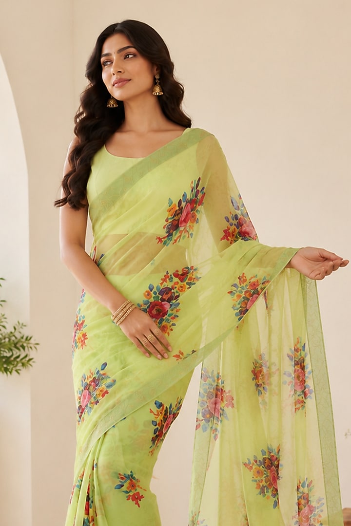 Green Organza Floral Printed Festive Saree by House Of Jamoti at Pernia's Pop Up Shop
