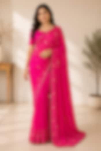 Rani Pink Upada Silk Embroidered Festive Saree by House Of Jamoti at Pernia's Pop Up Shop
