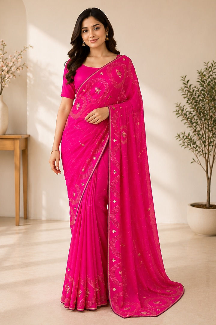 Rani Pink Upada Silk Embroidered Festive Saree by House Of Jamoti at Pernia's Pop Up Shop