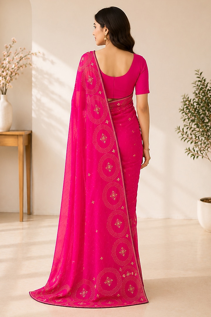 Rani Pink Upada Silk Embroidered Festive Saree by House Of Jamoti at Pernia's Pop Up Shop