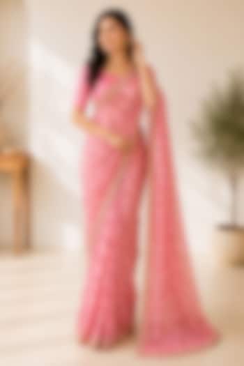 Pastel Pink Organza Floral Printed & Thread Embroidered Festive Saree by House Of Jamoti at Pernia's Pop Up Shop