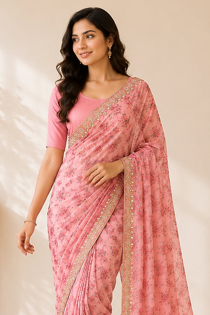 Pastel Pink Organza Floral Printed & Thread Embroidered Festive Saree by House Of Jamoti at Pernia's Pop Up Shop