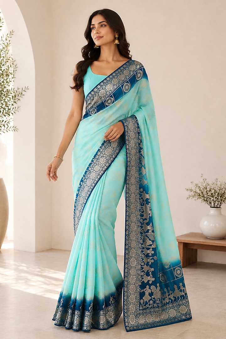 Sky Blue Banarasi Silk Festive Saree by House Of Jamoti at Pernia's Pop Up Shop
