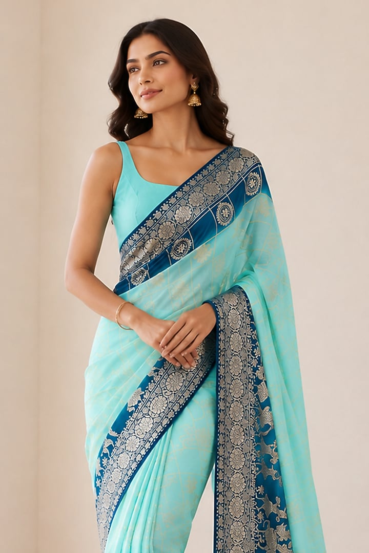 Sky Blue Banarasi Silk Festive Saree by House Of Jamoti at Pernia's Pop Up Shop