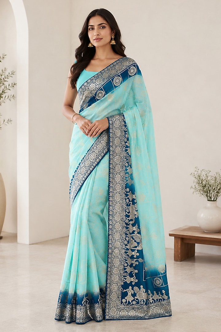 Sky Blue Banarasi Silk Festive Saree by House Of Jamoti at Pernia's Pop Up Shop
