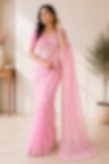 Baby Pink Organza Floral Embroidered Festive Saree by House Of Jamoti at Pernia's Pop Up Shop