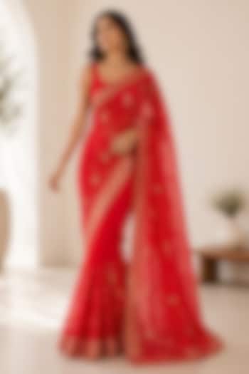 Red Georgette Zari Woven Festive Saree by House Of Jamoti at Pernia's Pop Up Shop
