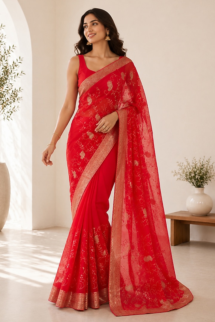 Red Georgette Zari Woven Festive Saree by House Of Jamoti at Pernia's Pop Up Shop