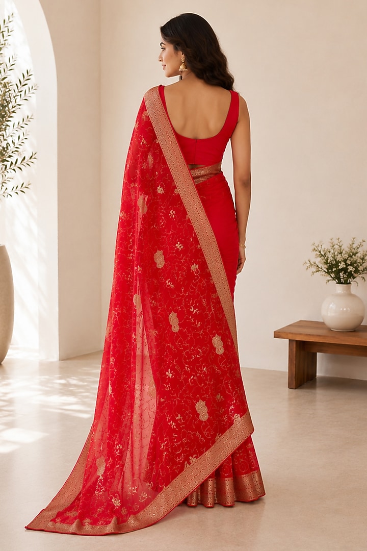 Red Georgette Zari Woven Festive Saree by House Of Jamoti at Pernia's Pop Up Shop