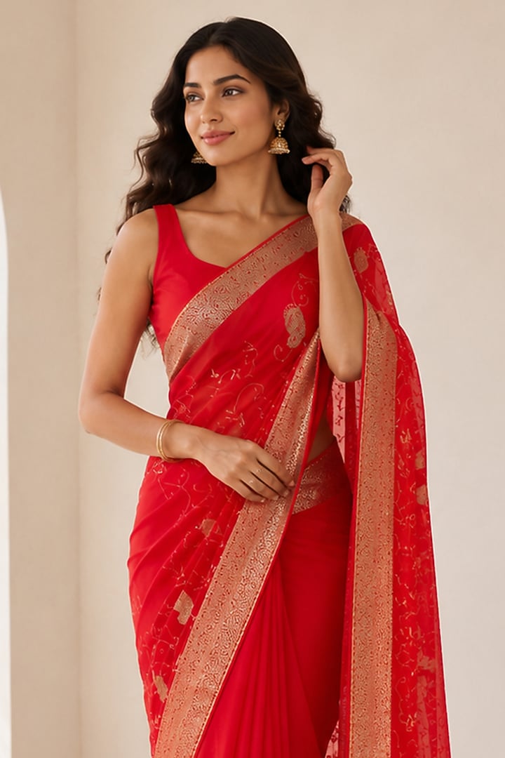 Red Georgette Zari Woven Festive Saree by House Of Jamoti at Pernia's Pop Up Shop